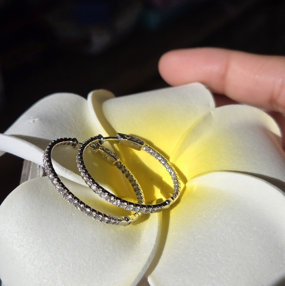 14k In And Out Diamond Hoops - Picture 4 of 9